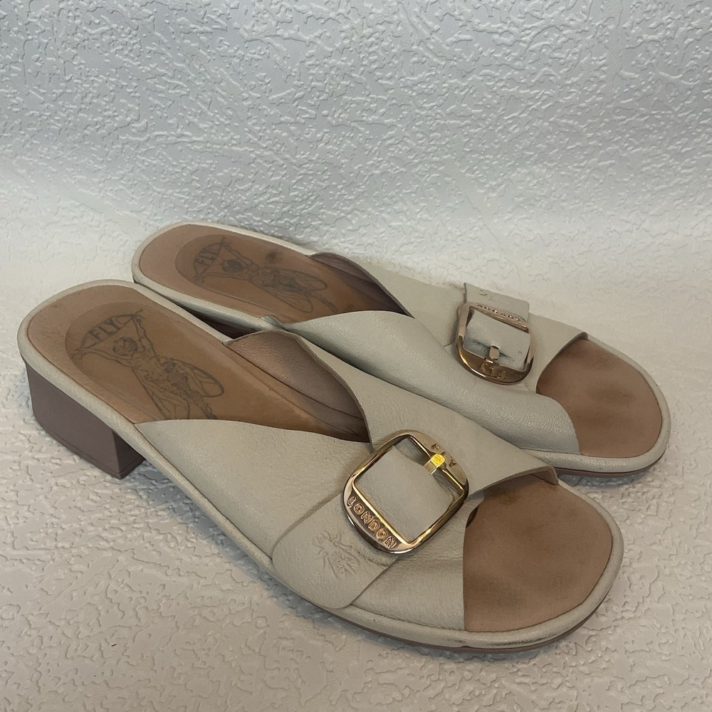 FLY London Ivory/White Off  Leather Mule Sandals Sz 40 US 10,5-11 Women's Buckle